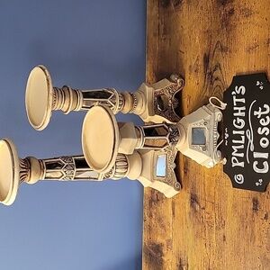 Set of 3 Pillar Candle Holders Set Distressed Cream Mirrored Tiles